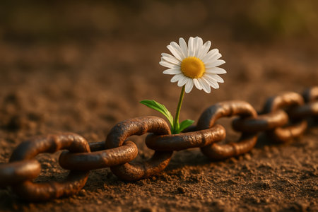 A daisy flower emerging from a rusty chain, symbolizing resilience and hopeの素材