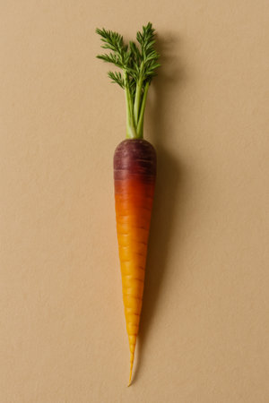 A vibrant multi-colored carrot featuring green leaves against a textured brown backdropの素材