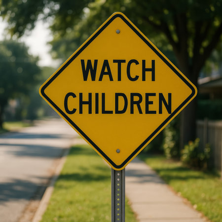 A bright yellow sign instructing drivers to watch for children in the areaの素材