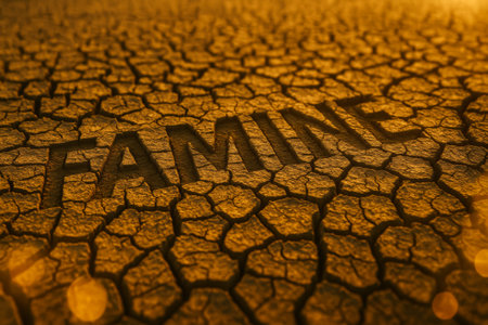 A close-up of cracked earth with the word famine prominently displayed, symbolizing droughtの素材
