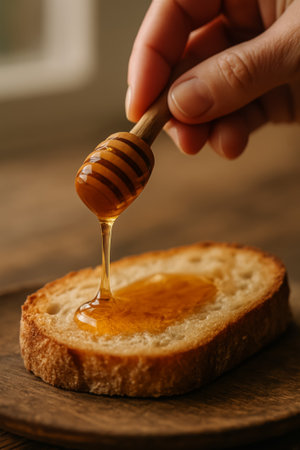 A hand drizzles honey over a slice of bread on a rustic wooden plateの素材