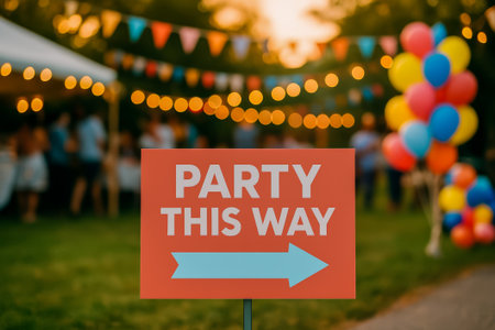 A colorful sign points to a party in a vibrant outdoor environment with decorationsの素材