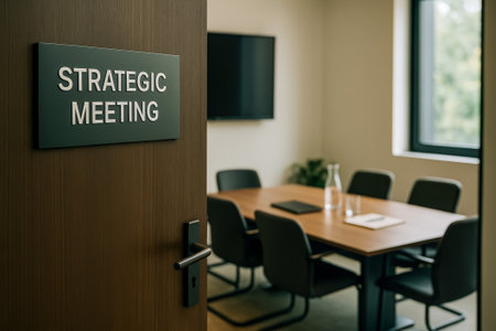 A sign for a strategic meeting room, showcasing a professional office environmentの素材