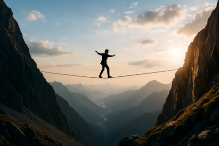A man balances on a tightrope at sunrise, surrounded by stunning mountain sceneryの素材