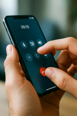 A hand holding a smartphone while making a call, showing the screen and buttonsの素材