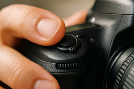 A close-up image focusing on a hand pressing a button on a cameraの素材