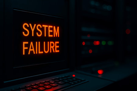 A close-up view of a digital screen displaying system failure in red lightsの素材