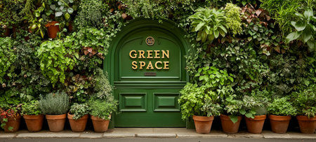 A vibrant green wall adorned with potted plants and a sign reading green spaceの素材