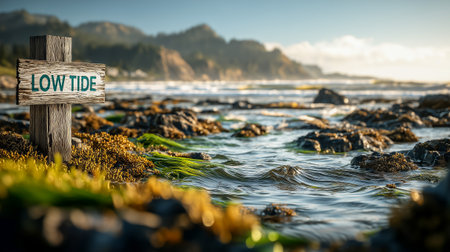 A low tide sign stands near a rocky shoreline with seaweed and gentle wavesの素材