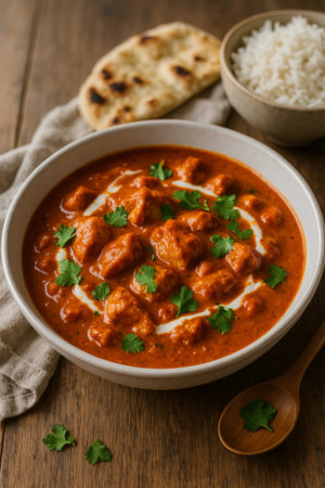 A bowl of creamy tomato curry garnished with cilantro, served with rice and naanの素材