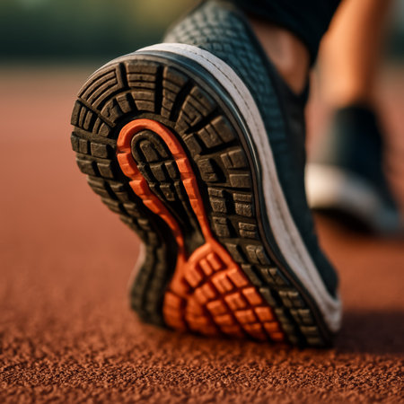 A close-up shot of a black athletic shoe sole on a textured running surfaceの素材