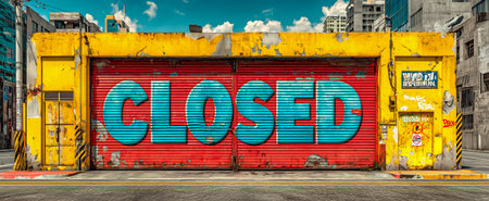 A closed storefront featuring vibrant yellow and red colors with large blue lettersの素材