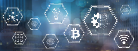 Concept of digital disruption with icons on blurred dark background
