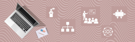 Top view of laptop with symbol of seminar meeting conceptの写真素材