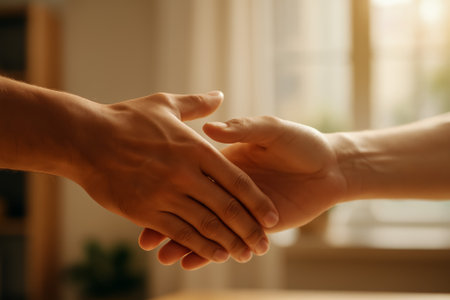 A close-up of two hands shaking, representing agreement and partnership in a workspaceの素材
