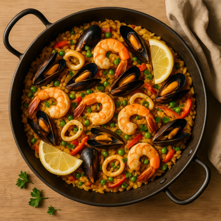 A mouthwatering seafood paella featuring shrimp, mussels, and vibrant vegetables in a skilletの素材