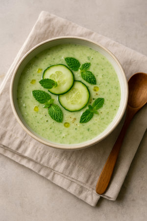 A refreshing cucumber and mint soup garnished with cucumber slices and herbs, perfect for summerの素材