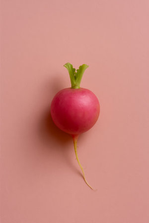 A vibrant pink radish displayed against a soft pastel pink background for a fresh lookの素材