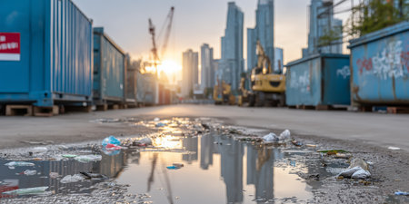An urban construction site with plastic waste and puddles reflecting a skyline at sunsetの素材