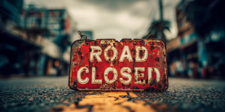 A rusty road closed sign lying on the asphalt in an urban environment with blurred backgroundの素材