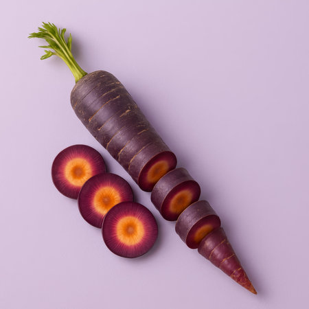 A sliced purple carrot arranged artistically against a soft pastel background, highlighting its colorsの素材