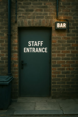The entrance door for staff at a bar, displayed against a textured brick wallの素材