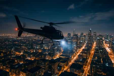 A helicopter hovers above a vibrant city skyline illuminated by night lightsの素材