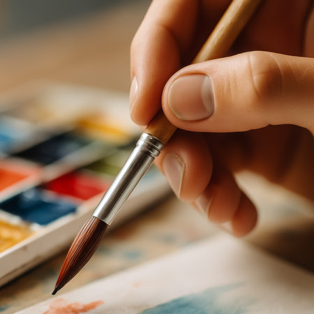 A close-up view of a hand holding a paintbrush above a watercolor palette filled with colorsの素材