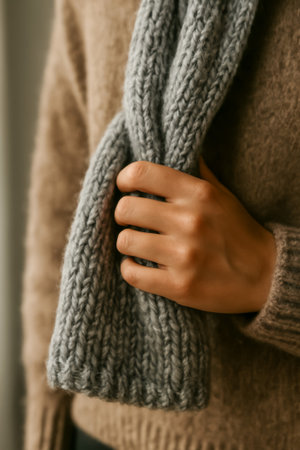 A close-up of a hand gently holding a gray knitted scarf, exuding warmth and comfortの素材
