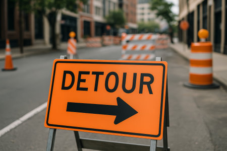An orange detour sign points right, indicating a diversion in a city streetの素材