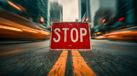 A close-up view of a weathered stop sign on a busy city street with motion blurの素材