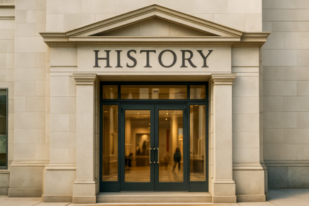 The entrance of a modern building featuring the word history above the doorsの素材
