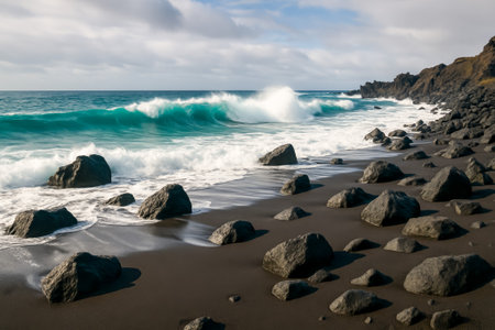 A stunning coastal view featuring crashing waves against large rocks on a sandy beachの素材