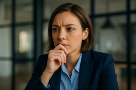 A young businesswoman with short hair deep in thought in a contemporary office environmentの素材