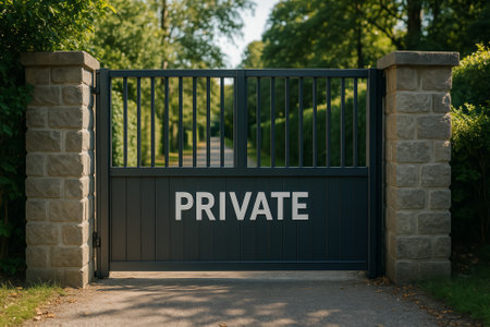 A closed private gate leading to a serene, tree-lined pathway in lush surroundingsの素材