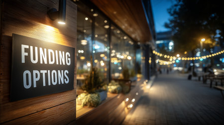 A lit sign displaying funding options outside a cafの素材
