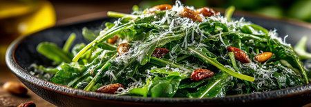 A vibrant arugula salad topped with parmesan cheese and toasted nuts in a rustic bowlの素材