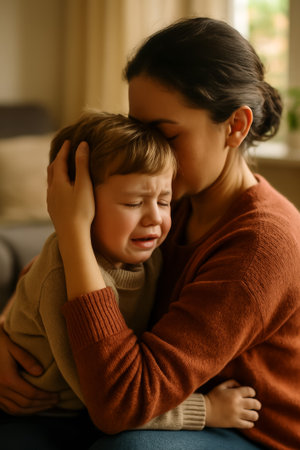 A mother embraces her crying child, providing comfort in a cozy indoor settingの素材
