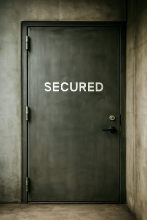 A secured door featuring the word 'secured' against a concrete wall backdropの素材