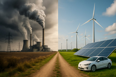 A split image illustrating industrial pollution alongside renewable energy installations like wind turbines and solar panelsの素材