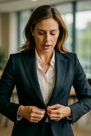 A woman in a suit adjusts her blazer while looking focused in a modern office environmentの素材