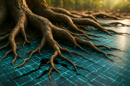 Close-up of tree roots extending over a glowing digital surface, symbolizing nature and technologyの素材