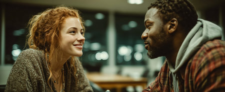 A young couple sharing a smile during a warm conversation in a cafの素材