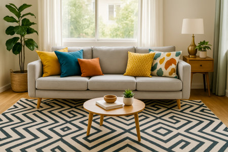 A cozy living room featuring a stylish couch adorned with colorful pillows and decorative elementsの素材