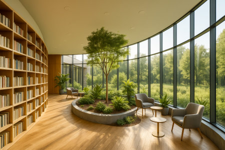 A contemporary reading nook surrounded by large windows and greenery for a tranquil atmosphereの素材