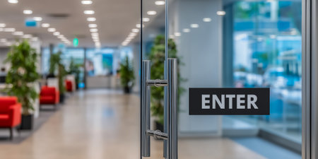 A sleek glass door with an 'enter' sign in a modern office settingの素材