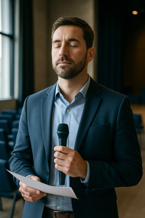 A man in a suit holds a microphone while preparing to speak, exuding calmnessの素材