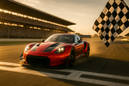 A sleek red racing car speeds past the finish line under a sunset skyの素材