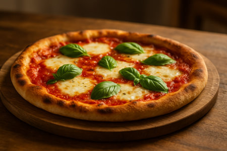 A freshly baked pizza topped with mozzarella cheese and basil leaves on a wooden boardの素材