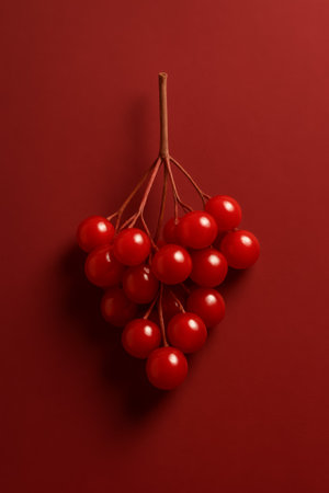 A close-up of glossy red berries arranged on a branch with a matching backgroundの素材